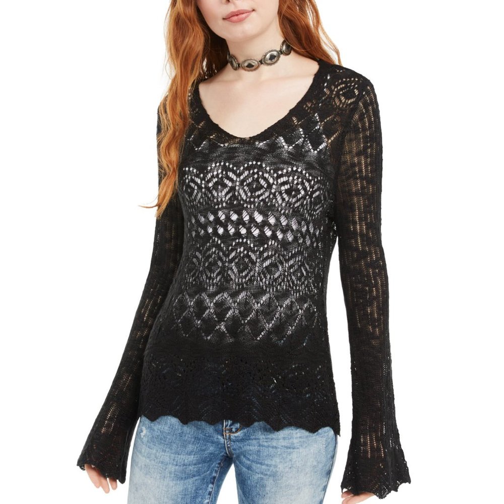 American Rag Junior Black Pointelle-Knit Flared Sleeve Knit Crochet Sweater XXL